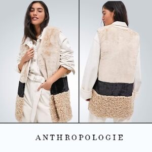 Anthropologie Womens Lindsie Sherpa Vest Tan & Black Shearling/Faux Fur One Size